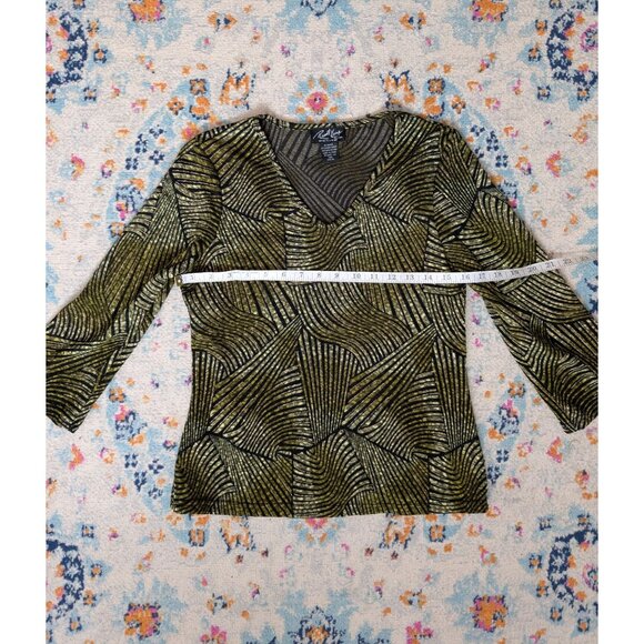 y2k Russell Kemp Petite Green/Gold & Black Abstract V-Neck 3/4 Sleeve Top - PM - Picture 6 of 9